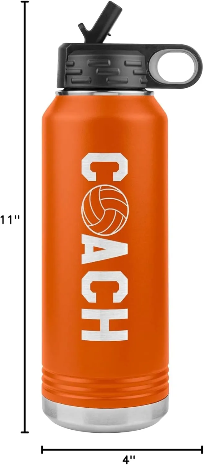 Volleyball Coach Water Bottle - 32oz Insulated Engraved Stainless Steel Flip Top With Straw Volleyball Coach Gift Orange