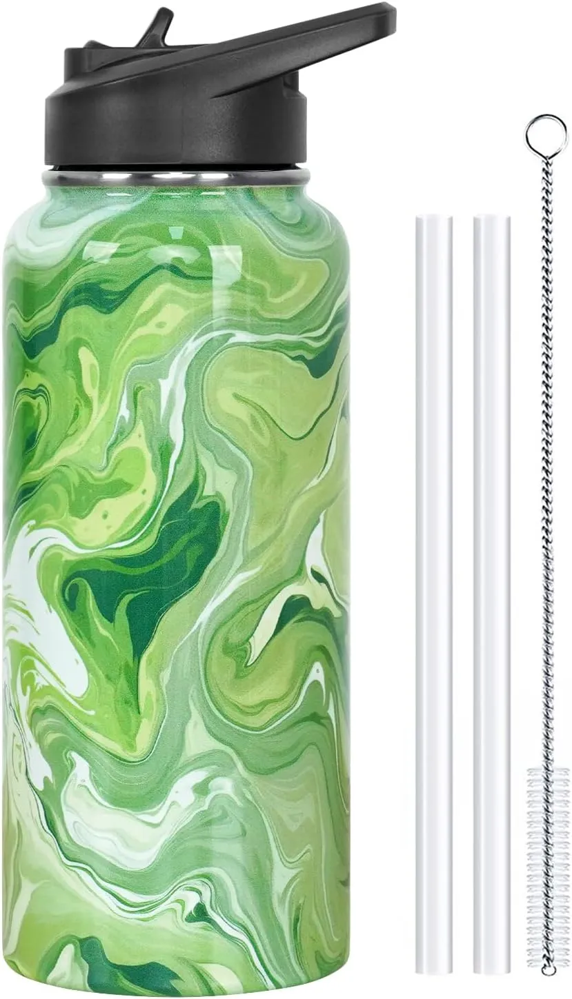 Water Bottle 32 oz Vacuum Insulated Leak Proof Stainless Steel Gym Water Jug Cup Gifts for Moms Dads Women Men Him Her Green Marble