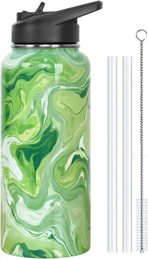Water Bottle 32 oz Vacuum Insulated Leak Proof Stainless Steel Gym Water Jug Cup Gifts for Moms Dads Women Men Him Her Green Marble