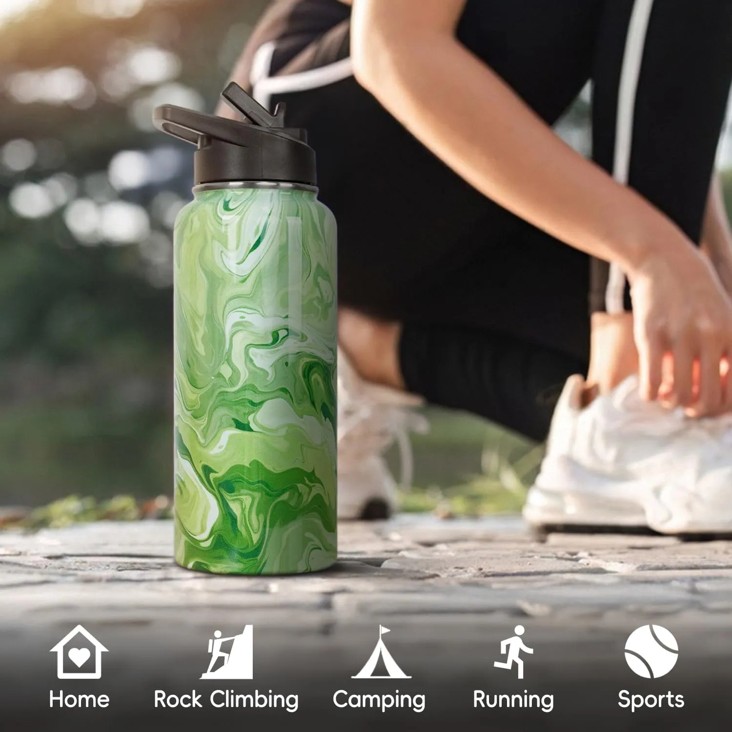Water Bottle 32 oz Vacuum Insulated Leak Proof Stainless Steel Gym Water Jug Cup Gifts for Moms Dads Women Men Him Her Green Marble