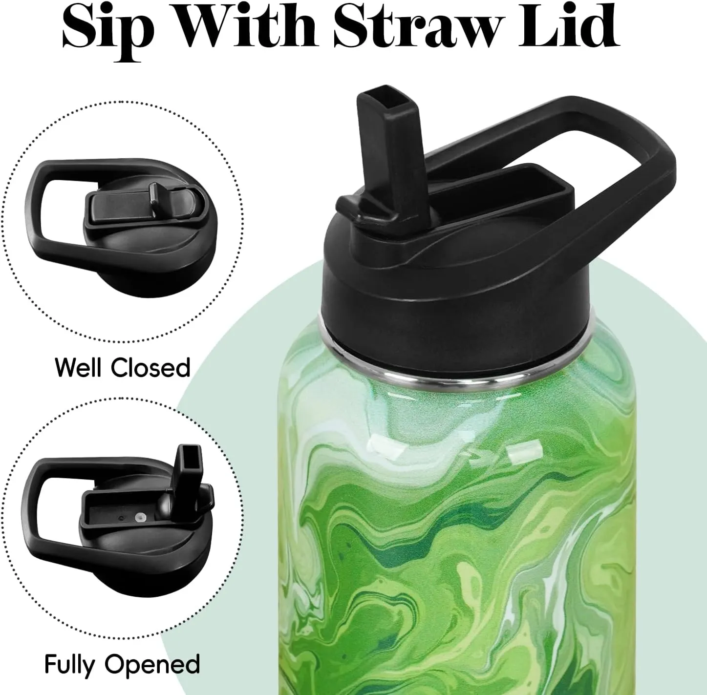 Water Bottle 32 oz Vacuum Insulated Leak Proof Stainless Steel Gym Water Jug Cup Gifts for Moms Dads Women Men Him Her Green Marble