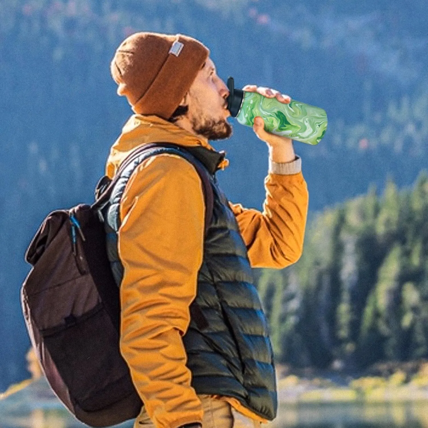 Water Bottle 32 oz Vacuum Insulated Leak Proof Stainless Steel Gym Water Jug Cup Gifts for Moms Dads Women Men Him Her Green Marble