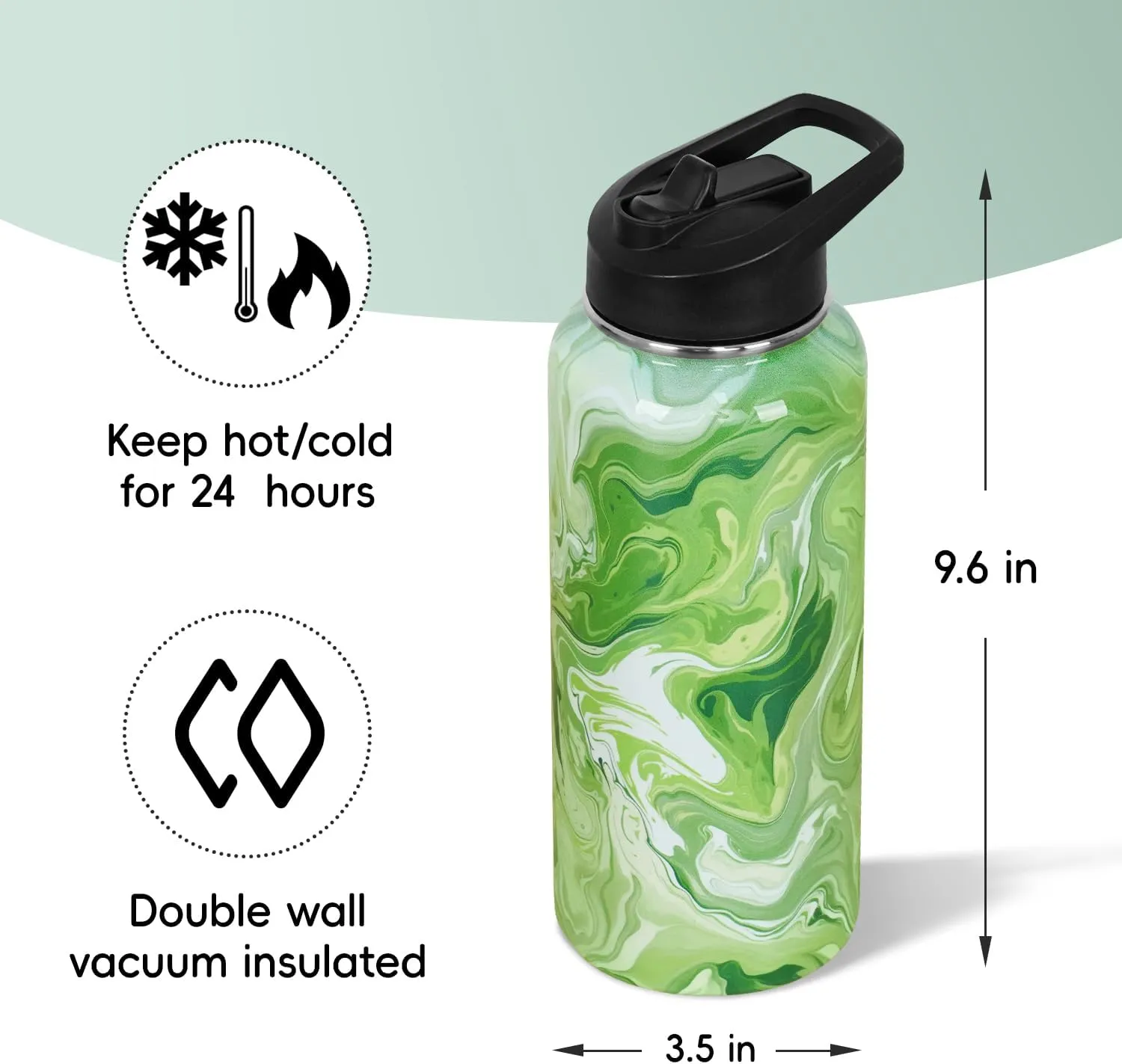 Water Bottle 32 oz Vacuum Insulated Leak Proof Stainless Steel Gym Water Jug Cup Gifts for Moms Dads Women Men Him Her Green Marble