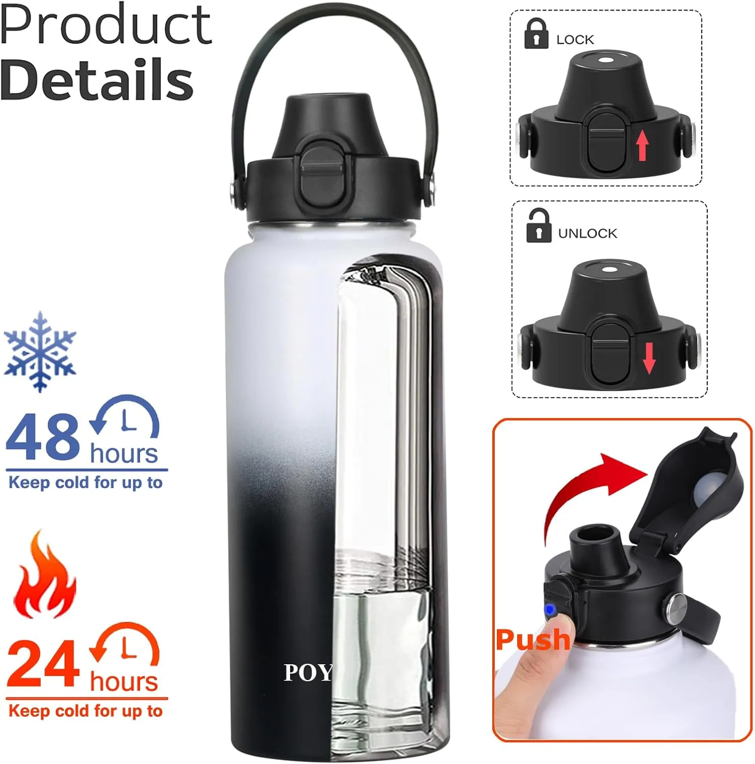Water Bottle Insulated 32oz 40oz 64oz 128oz Straw Lid Spout Lid & 3 Lids, Leak Proof, Vacuum Insulated,Stainless Steel Water Bottle Wide Mouth for Sports, Gym or Office