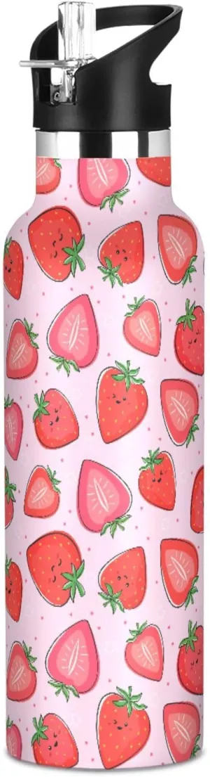 Water Bottle Kids Insulated Thermos Stainless Steel Hot Cold Strawberries Water Flask Jug with Straw Lid for Sports Gym Running 20 oz