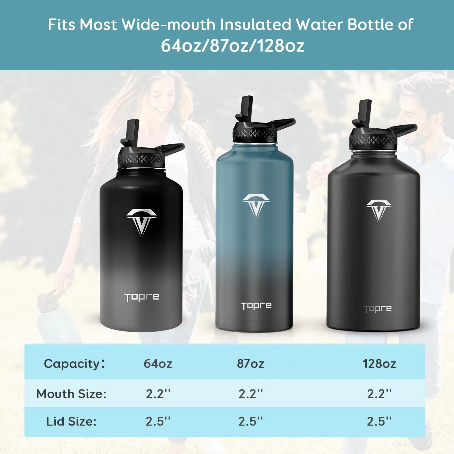Water Bottle Lid, Flip Straw Lid with Straws and Brush BPA-Free Leak Proof Wide Mouth Replacement Cap for 64oz Insulated Water Bottle Accessories