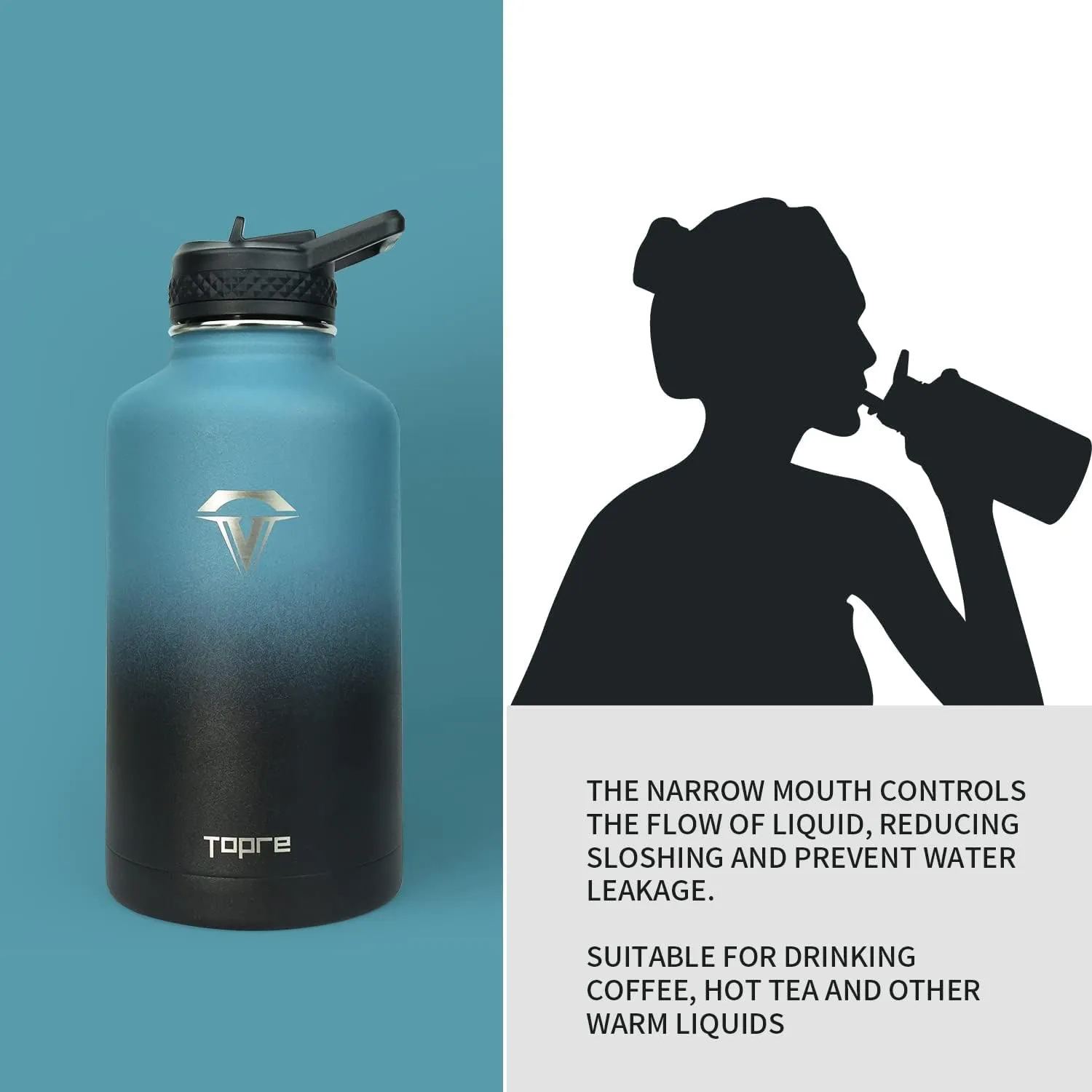 Water Bottle Lid, Flip Straw Lid with Straws and Brush BPA-Free Leak Proof Wide Mouth Replacement Cap for 64oz Insulated Water Bottle Accessories