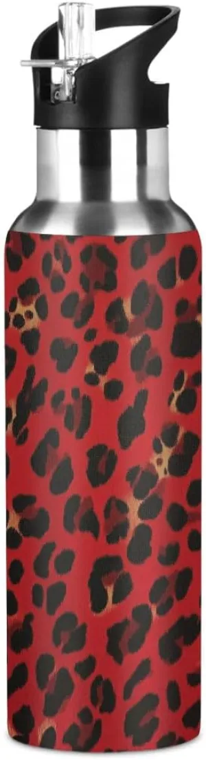 Water Bottle Stainless Steel, Red Leopard Print Insulated Sports Bottle with Straw, BPA Free Reusable Bottles for Fitness, Travel & Outdoor Activities