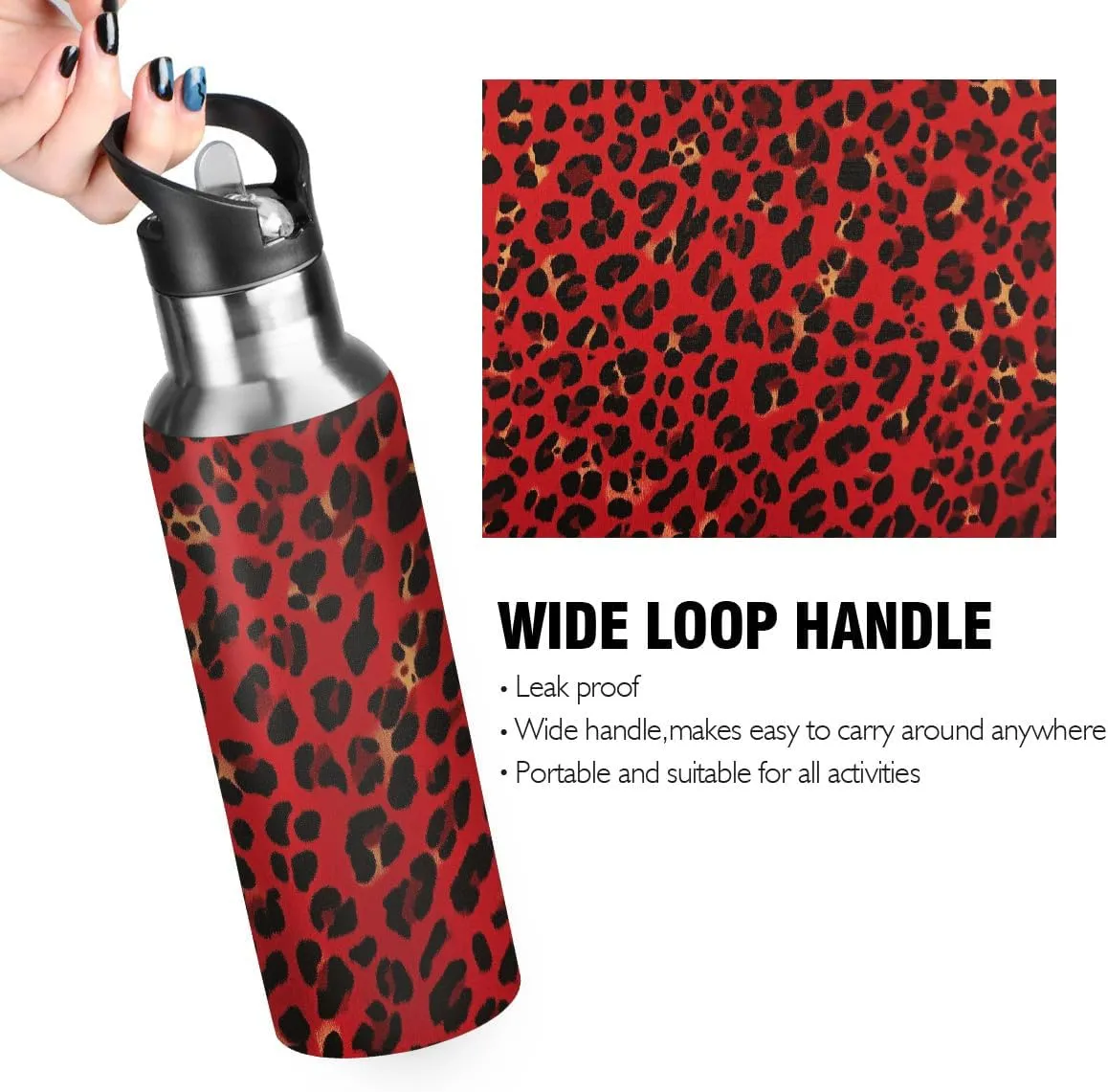 Water Bottle Stainless Steel, Red Leopard Print Insulated Sports Bottle with Straw, BPA Free Reusable Bottles for Fitness, Travel & Outdoor Activities