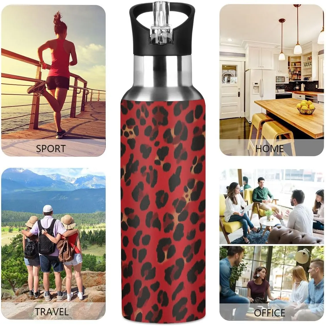 Water Bottle Stainless Steel, Red Leopard Print Insulated Sports Bottle with Straw, BPA Free Reusable Bottles for Fitness, Travel & Outdoor Activities