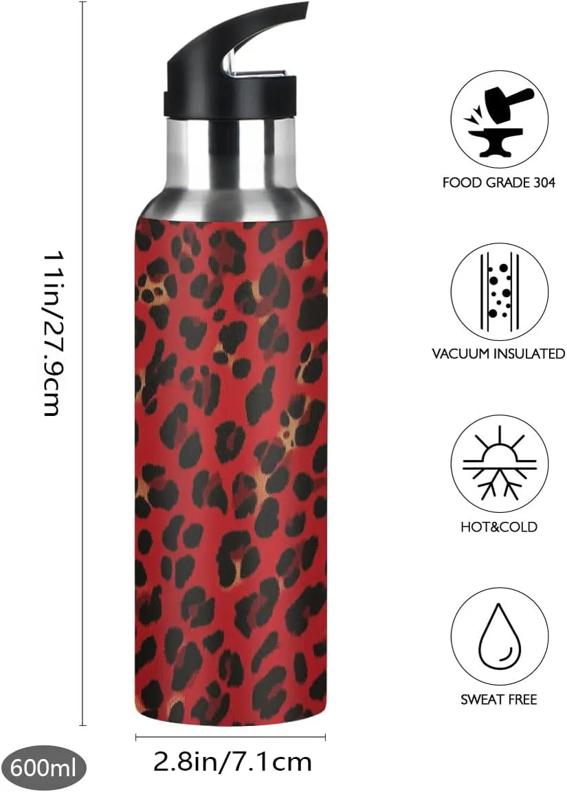Water Bottle Stainless Steel, Red Leopard Print Insulated Sports Bottle with Straw, BPA Free Reusable Bottles for Fitness, Travel & Outdoor Activities