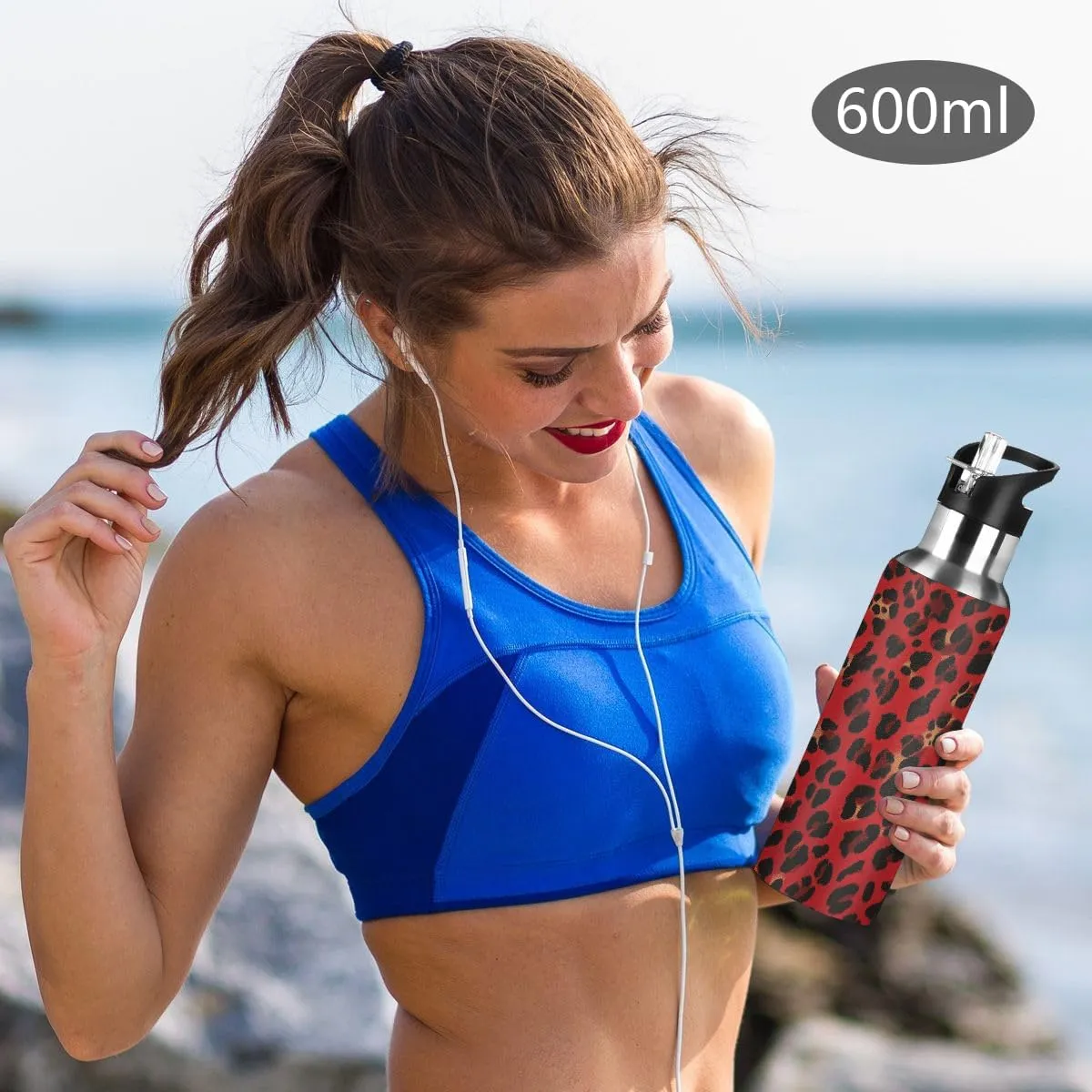 Water Bottle Stainless Steel, Red Leopard Print Insulated Sports Bottle with Straw, BPA Free Reusable Bottles for Fitness, Travel & Outdoor Activities