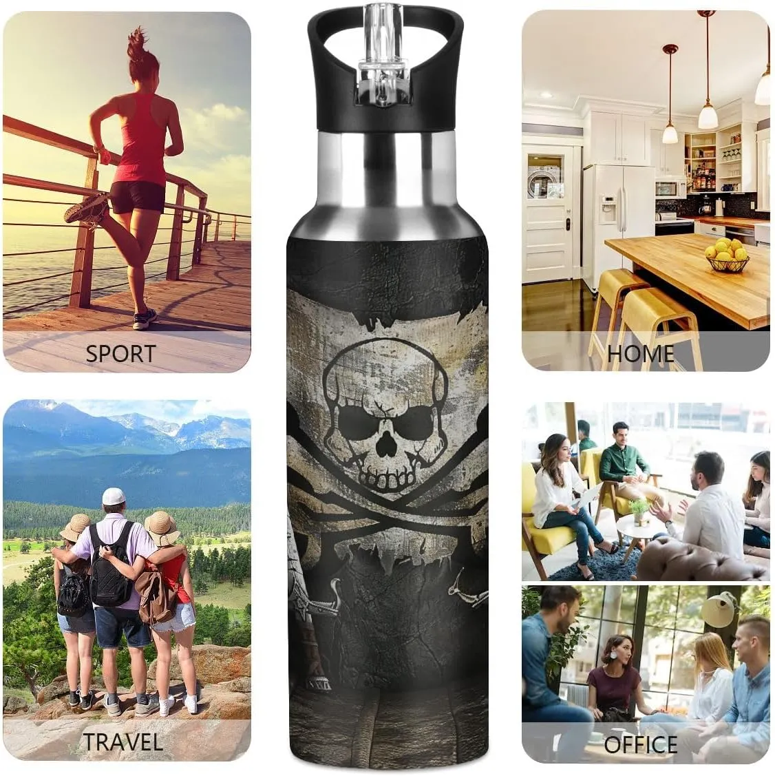 Water Bottle Stainless Steel, Sabers Skull Flag Insulated Sports Bottle with Straw, BPA Free Reusable Bottles for Fitness, Travel & Outdoor Activities