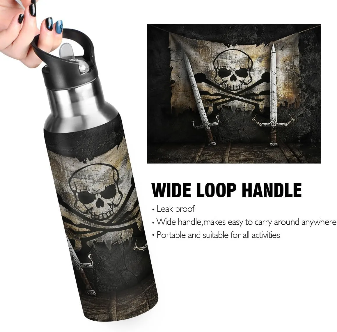 Water Bottle Stainless Steel, Sabers Skull Flag Insulated Sports Bottle with Straw, BPA Free Reusable Bottles for Fitness, Travel & Outdoor Activities