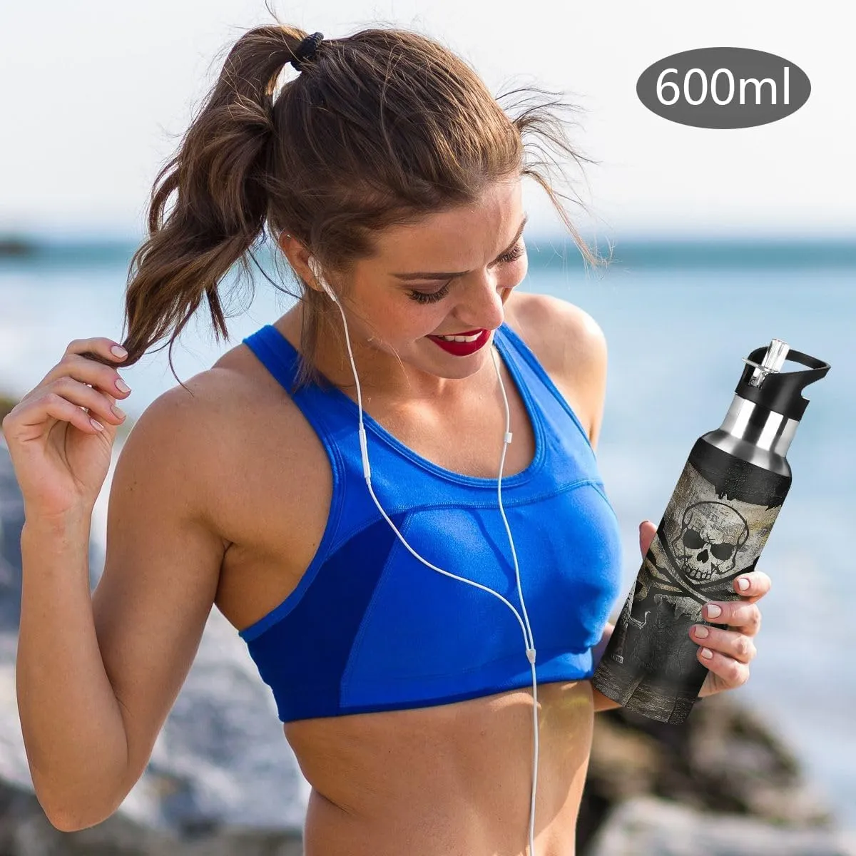 Water Bottle Stainless Steel, Sabers Skull Flag Insulated Sports Bottle with Straw, BPA Free Reusable Bottles for Fitness, Travel & Outdoor Activities