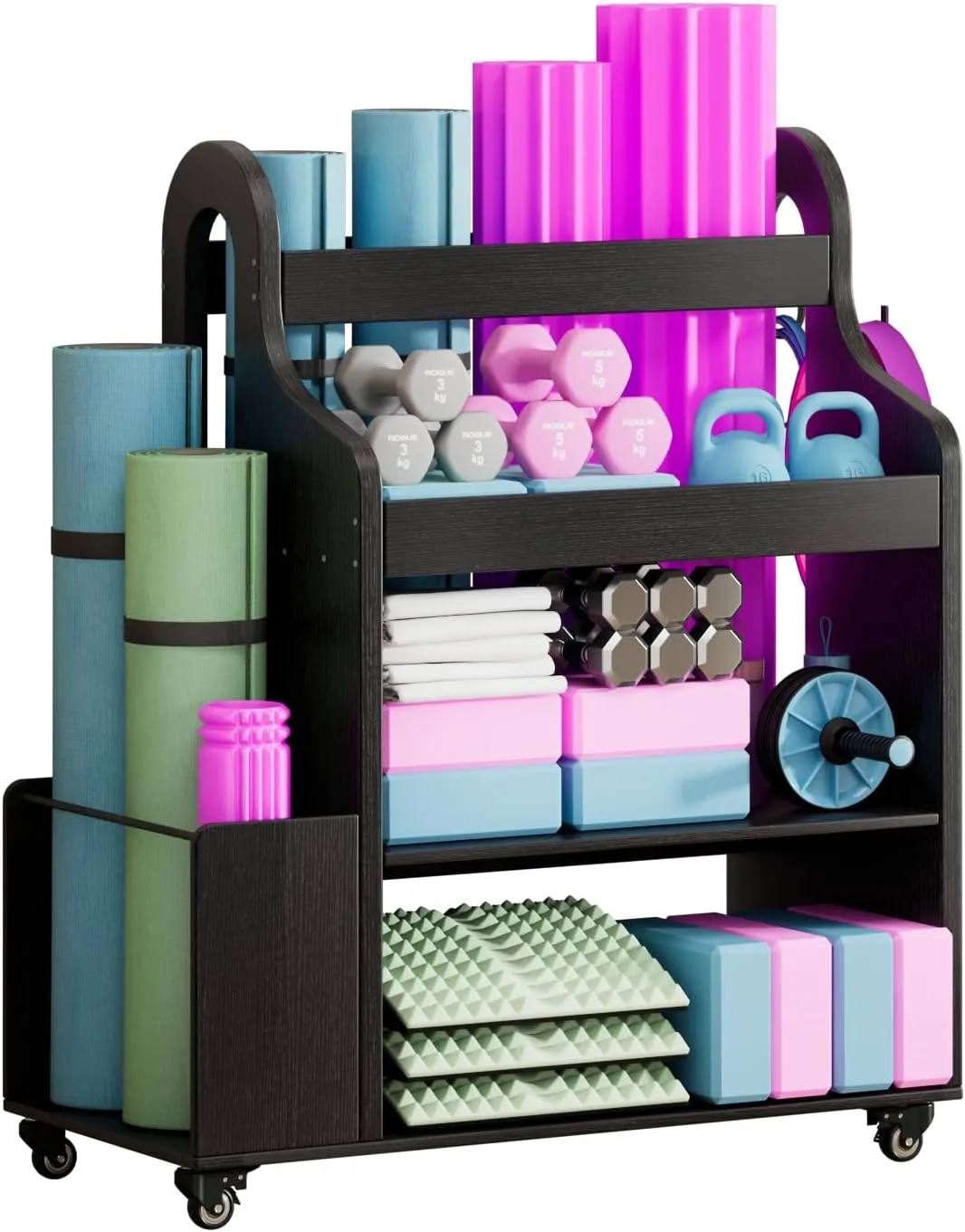 Weight Rack for Dumbbells, Home Gym Storage Rack Yoga Mat Holder with Wheels and Hooks, All in One Workout Storage for Yoga Mat, Foam Roller, Gym Organizer Storage for Home Exercise(Wood)