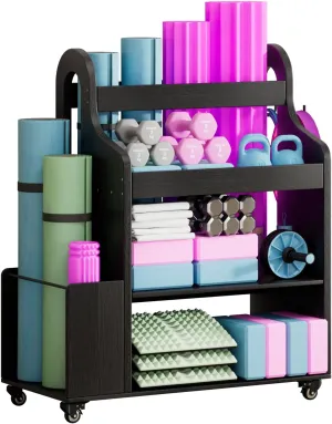 Weight Rack for Dumbbells, Home Gym Storage Rack Yoga Mat Holder with Wheels and Hooks, All in One Workout Storage for Yoga Mat, Foam Roller, Gym Organizer Storage for Home Exercise(Wood)
