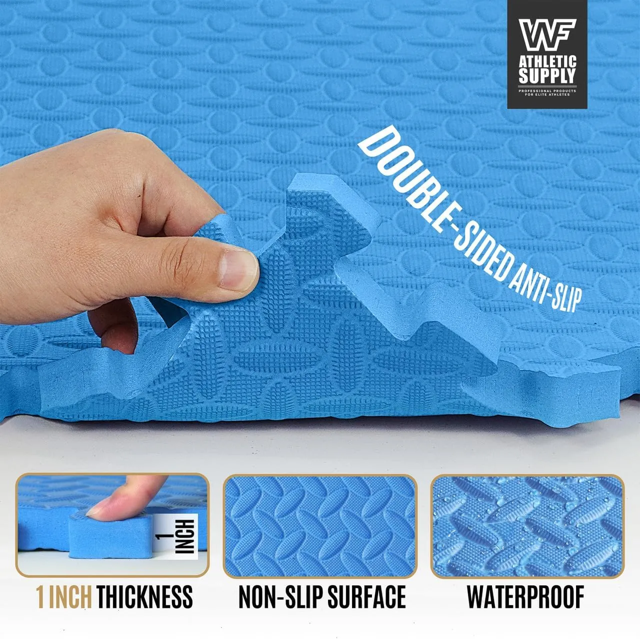WF Athletic Supply Diamond Pattern 1-Inch Thickness Interlocking Exercise Foam Mats, Extra Thick Eva Foam Flooring Tiles, Gym Fitness Equipment Mat & Home Protective Flooring Cushion, Black & Blue