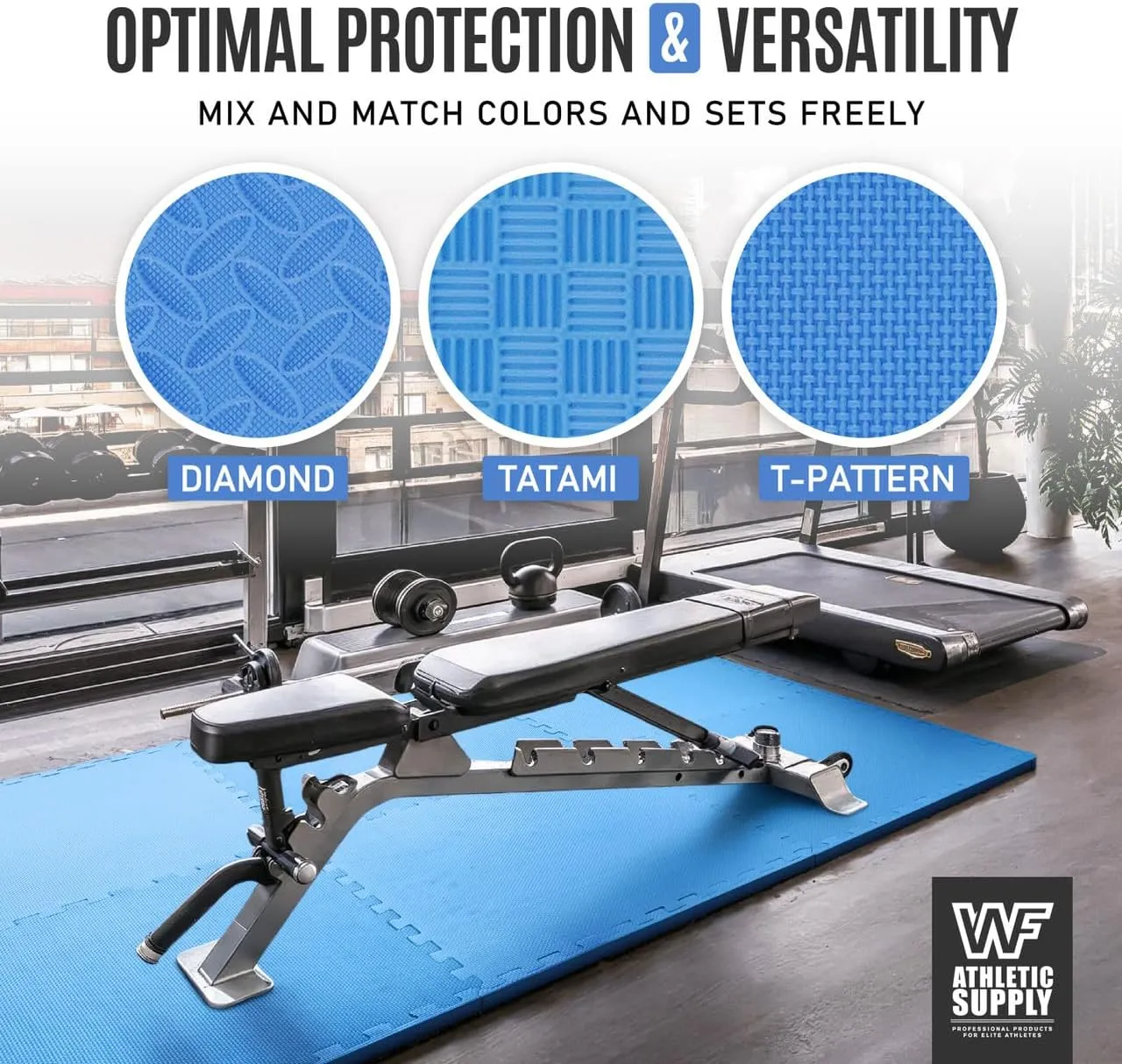 WF Athletic Supply Diamond Pattern 1-Inch Thickness Interlocking Exercise Foam Mats, Extra Thick Eva Foam Flooring Tiles, Gym Fitness Equipment Mat & Home Protective Flooring Cushion, Black & Blue
