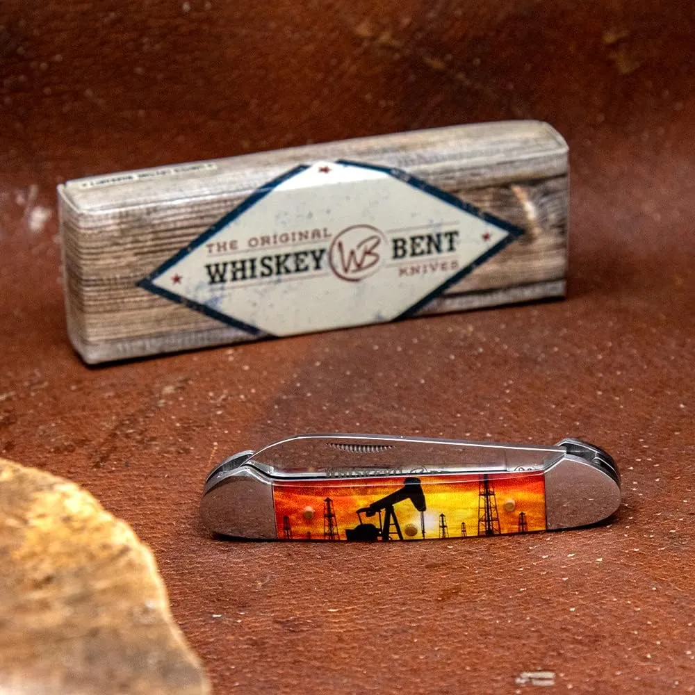 WHISKEY BENT HAT CO. Traditional Canoe Folding Knife 3.63" Closed Length 440C Stainless Steel Blades (Pump Jack Sunset)