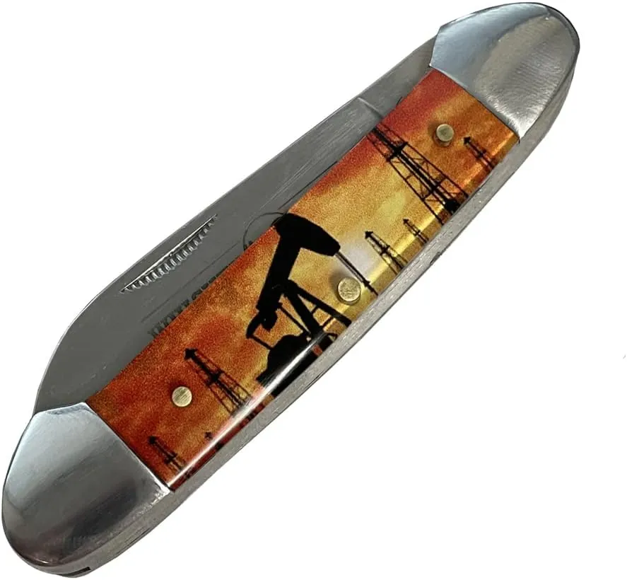 WHISKEY BENT HAT CO. Traditional Canoe Folding Knife 3.63" Closed Length 440C Stainless Steel Blades (Pump Jack Sunset)