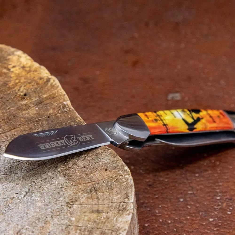 WHISKEY BENT HAT CO. Traditional Canoe Folding Knife 3.63" Closed Length 440C Stainless Steel Blades (Pump Jack Sunset)
