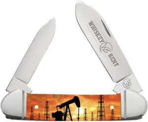 WHISKEY BENT HAT CO. Traditional Canoe Folding Knife 3.63" Closed Length 440C Stainless Steel Blades (Pump Jack Sunset)