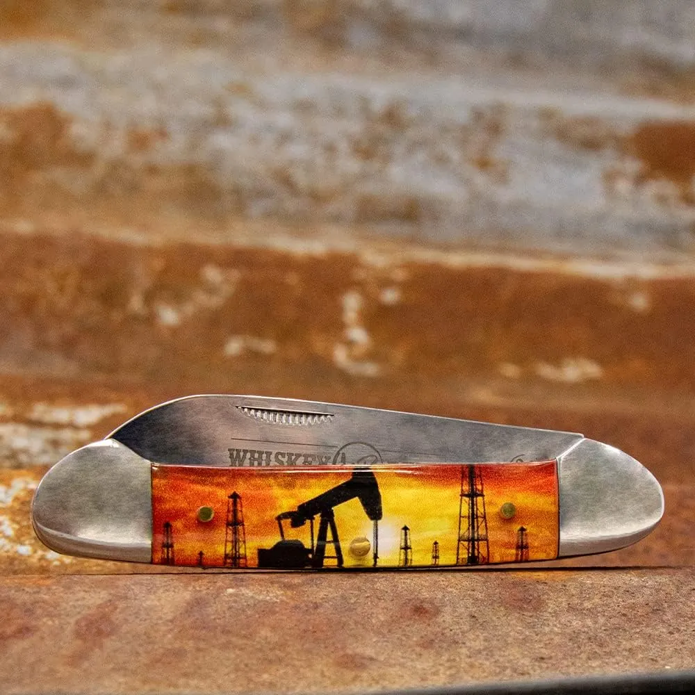 WHISKEY BENT HAT CO. Traditional Canoe Folding Knife 3.63" Closed Length 440C Stainless Steel Blades (Pump Jack Sunset)