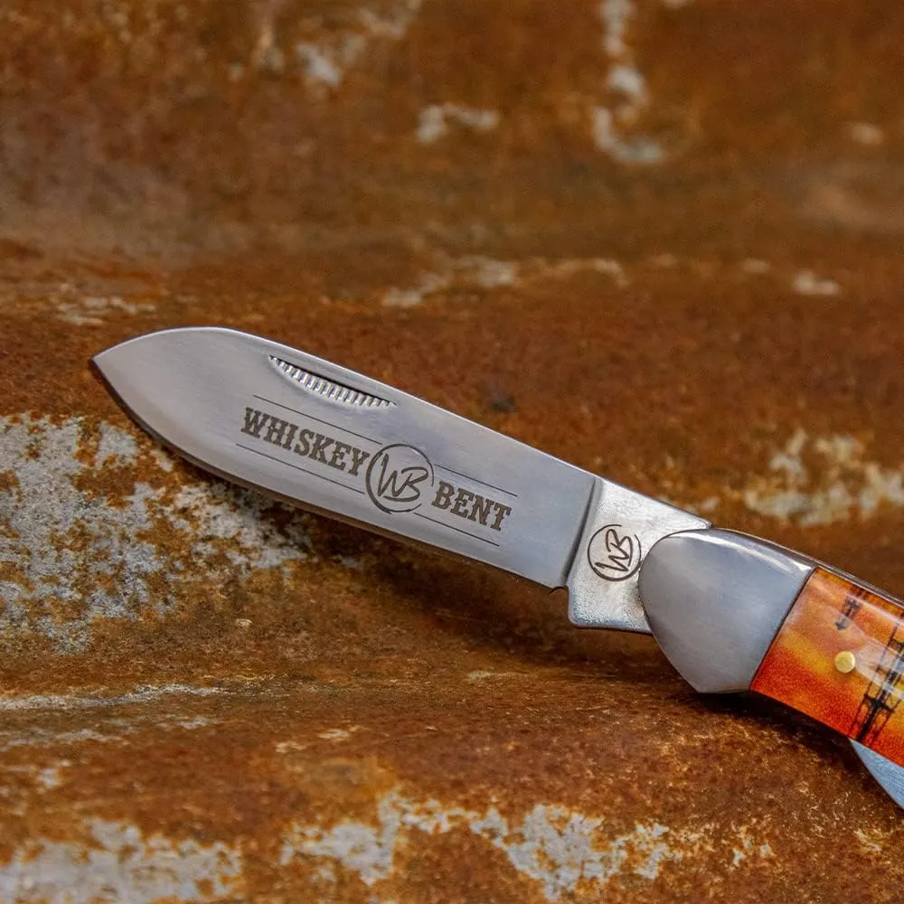 WHISKEY BENT HAT CO. Traditional Canoe Folding Knife 3.63" Closed Length 440C Stainless Steel Blades (Pump Jack Sunset)