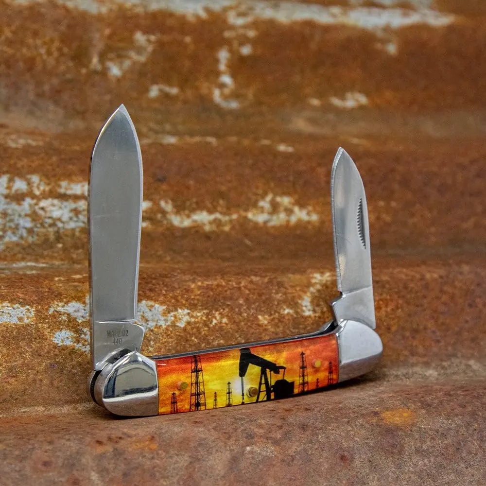 WHISKEY BENT HAT CO. Traditional Canoe Folding Knife 3.63" Closed Length 440C Stainless Steel Blades (Pump Jack Sunset)