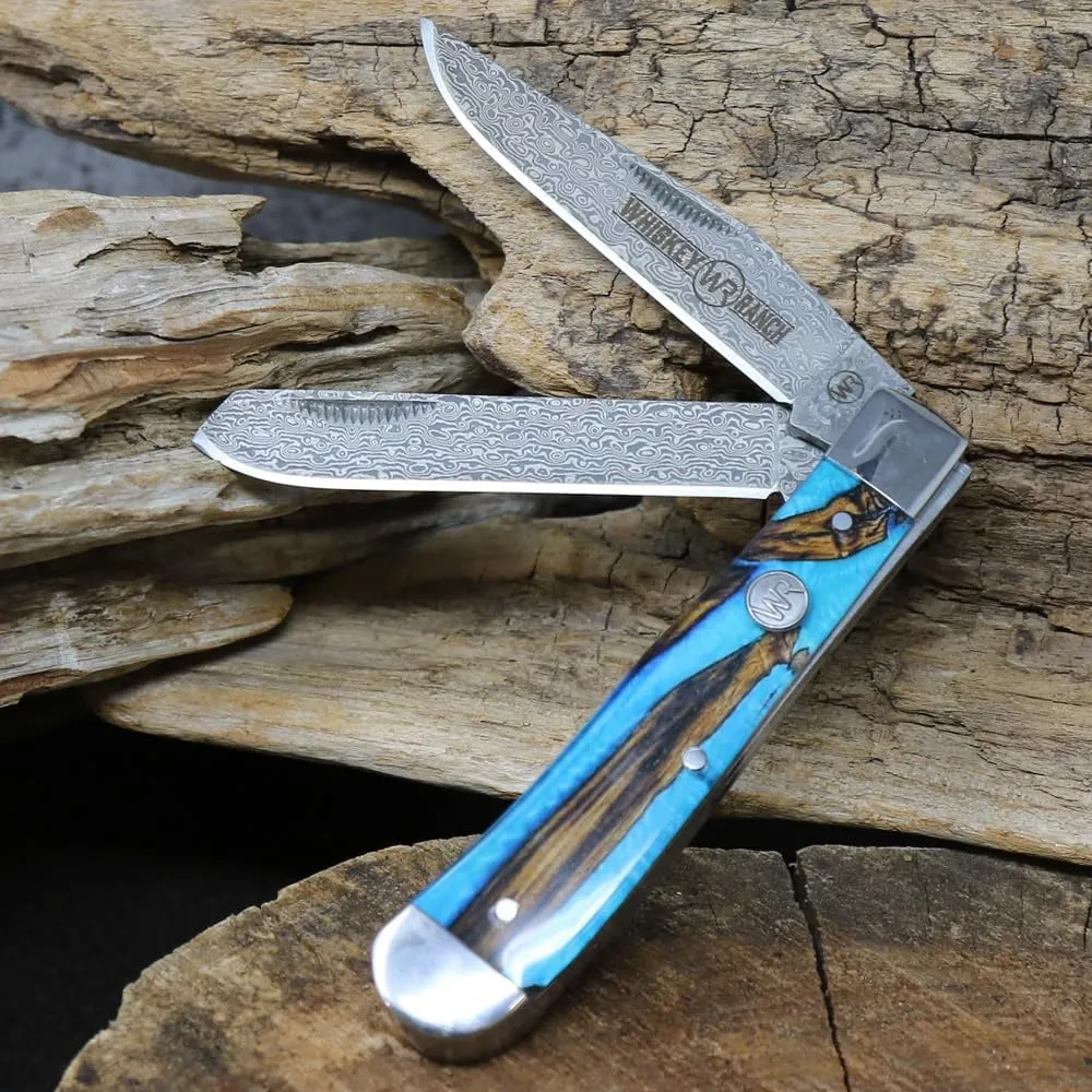 WHISKEY BENT HAT CO. Traditional Trapper Folding Pocket Knife 4.125" Closed Length 440C Stainless Steel Blades (Spring Branch - Damascus Blades)