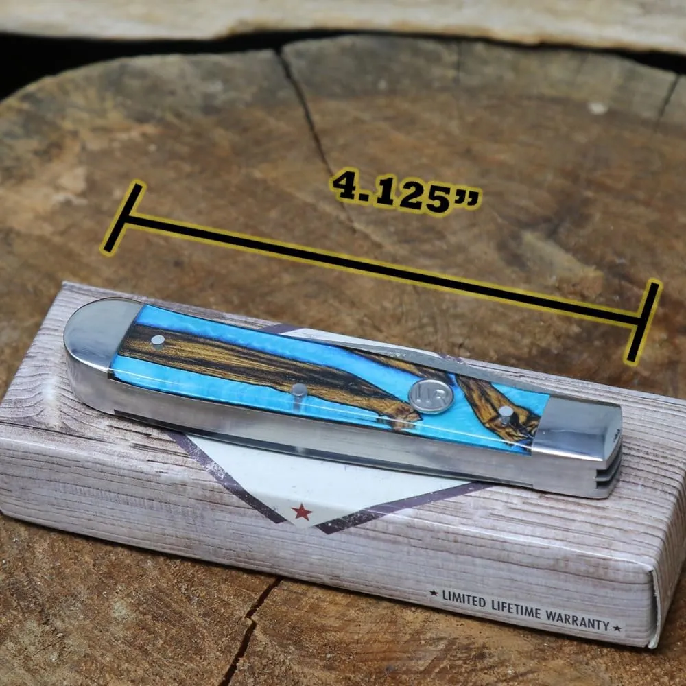 WHISKEY BENT HAT CO. Traditional Trapper Folding Pocket Knife 4.125" Closed Length 440C Stainless Steel Blades (Spring Branch - Damascus Blades)