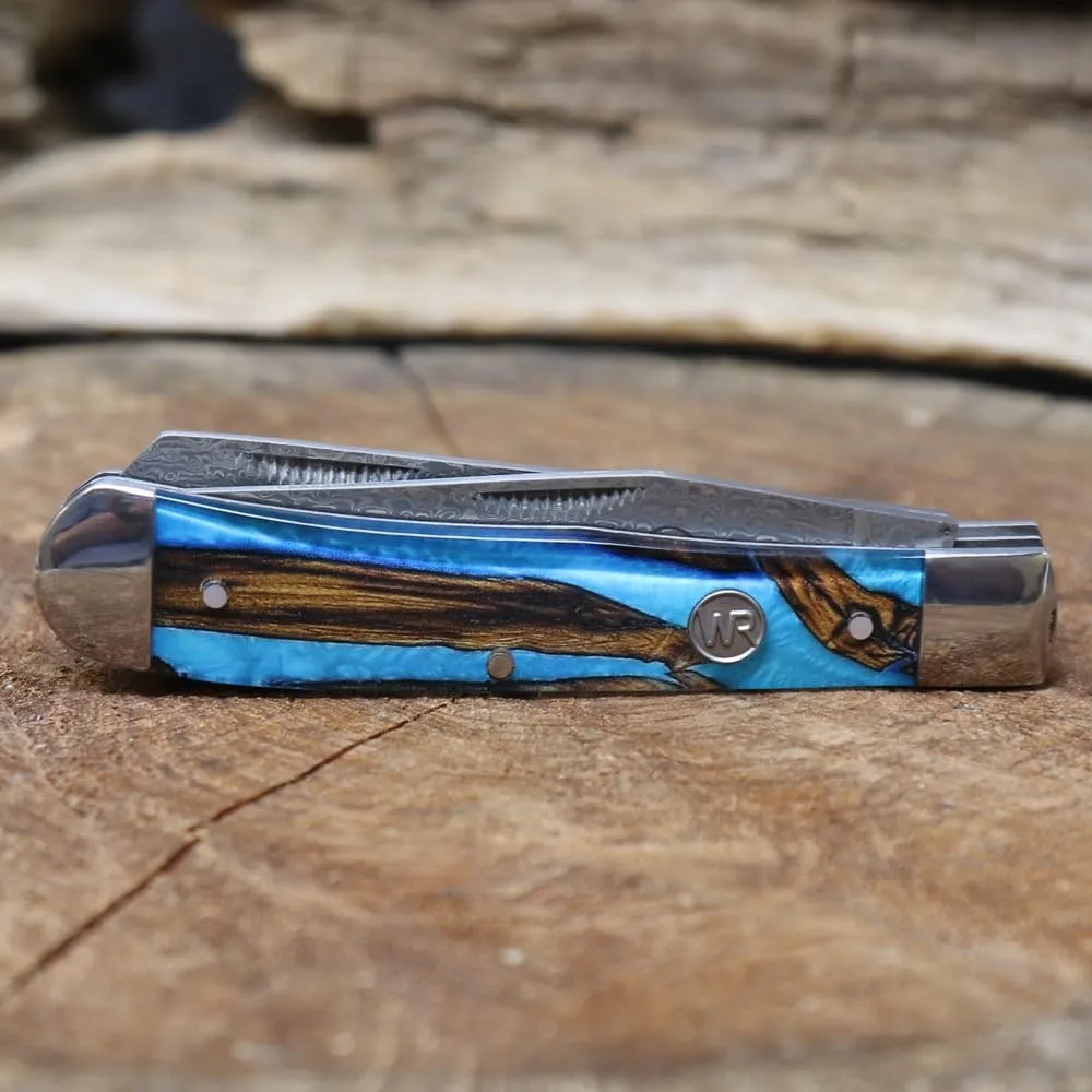 WHISKEY BENT HAT CO. Traditional Trapper Folding Pocket Knife 4.125" Closed Length 440C Stainless Steel Blades (Spring Branch - Damascus Blades)