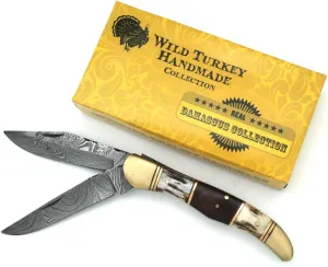 Wild Turkey Handmade Stag Horn & Walnut Wood Dual Blade Hand Filed Damascus Steel Folding Pocket Knife