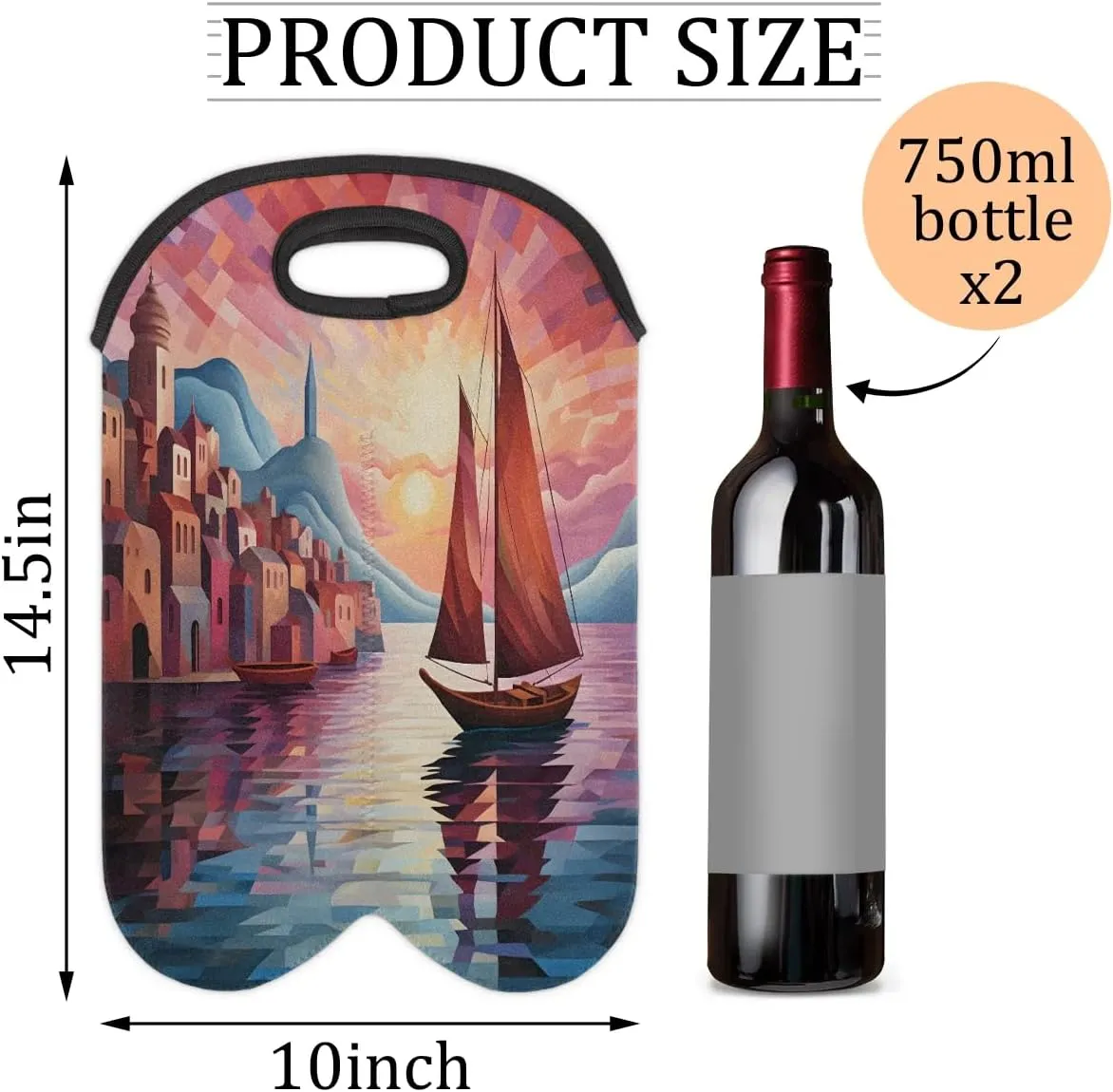 Wine Carrier Tote Bag for 2 Bottles Seawater Sailboat City Insulated Wine Cooler Bag Neoprene Wine Holder Tote Hand Bag with Carry Handle Leakproof Housewarming Wine Protective Bag