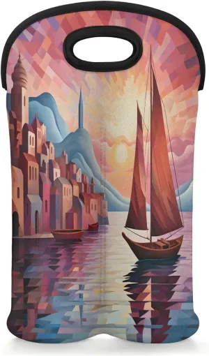 Wine Carrier Tote Bag for 2 Bottles Seawater Sailboat City Insulated Wine Cooler Bag Neoprene Wine Holder Tote Hand Bag with Carry Handle Leakproof Housewarming Wine Protective Bag