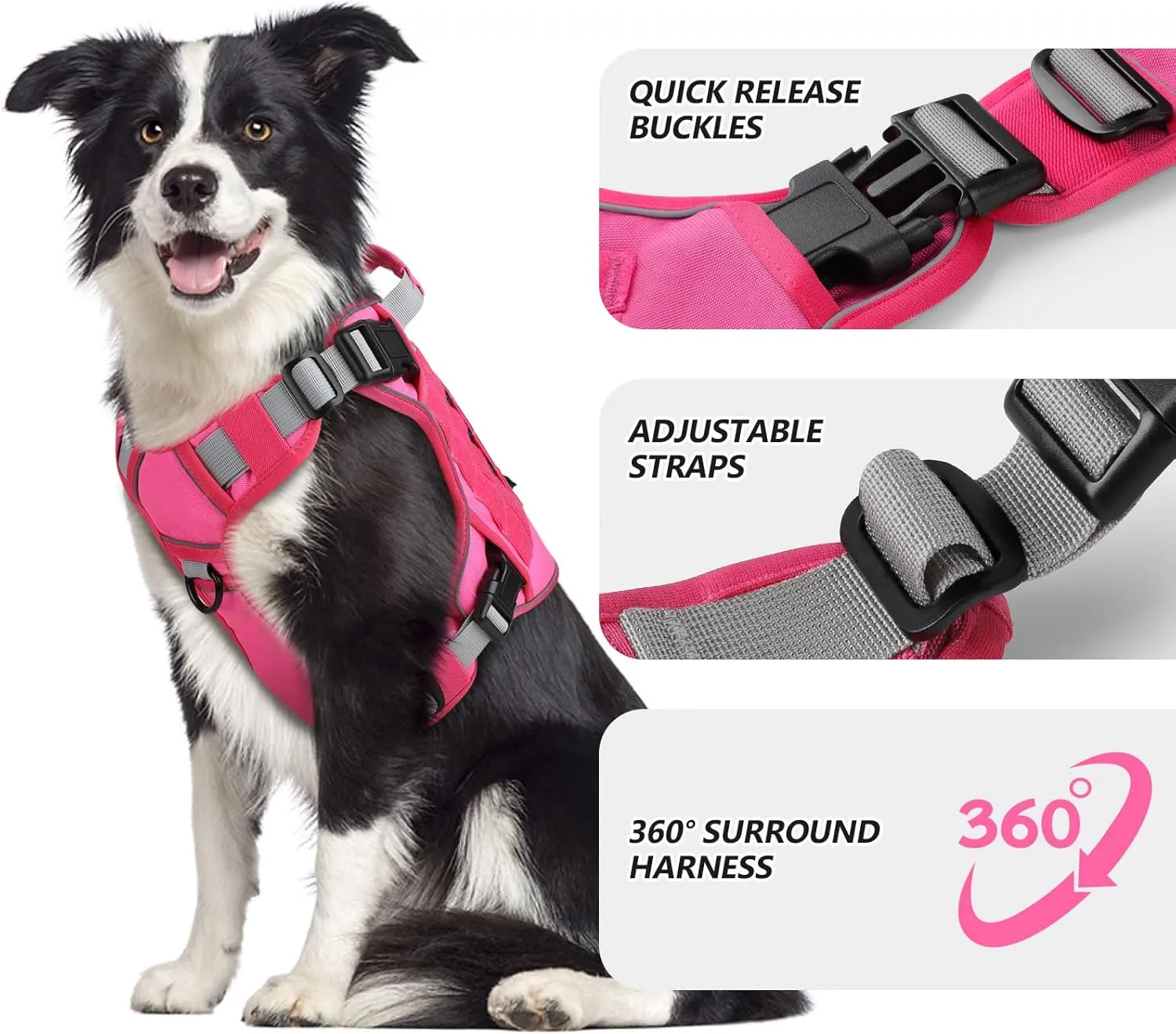 WINGOIN Pink Tactical Dog Harness Vest for Large Dogs No Pull Adjustable Reflective Military Pet Harness with Handle for Golden Retriever, Doberman Pinscher, Rottweiler, Great Dane Service Dog (XL)