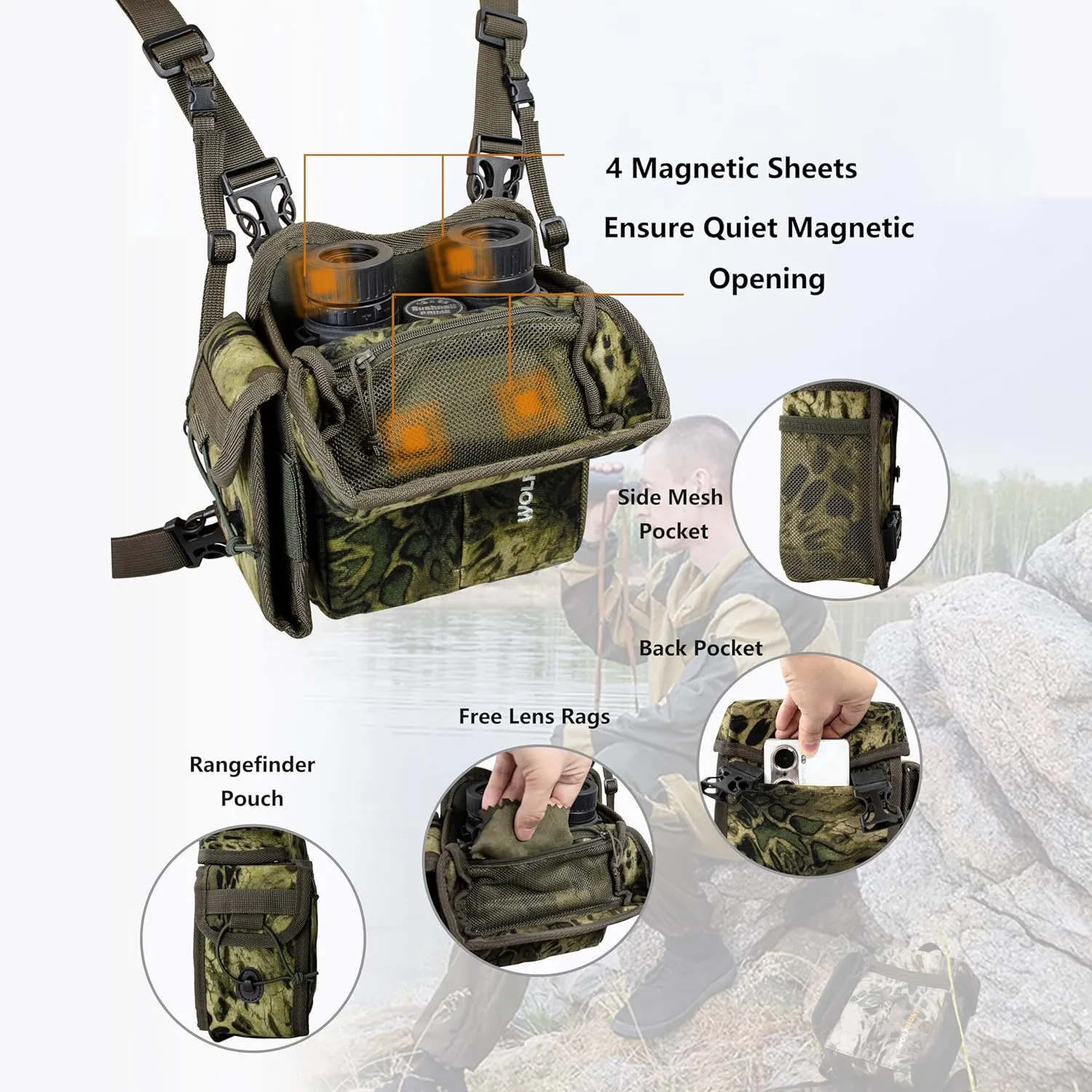 WOLFHUNT Binocular Harness Chest Pack with Rangefinder Pouch Detachable, Hunting Chest Pack Magnetic Opening, Bino Harness Bag Adjustable Strap for Hunting, Hiking, Field Observation