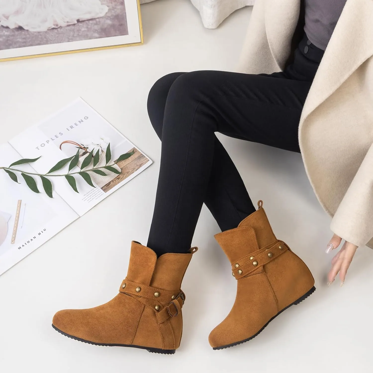 Women Hidden Heel Faux Suede Ankle Boots with Rivet belt buckle Ladies Classic Pull on Flat Wide Width Cowboys Mid Calf Slouch Western Short Boots