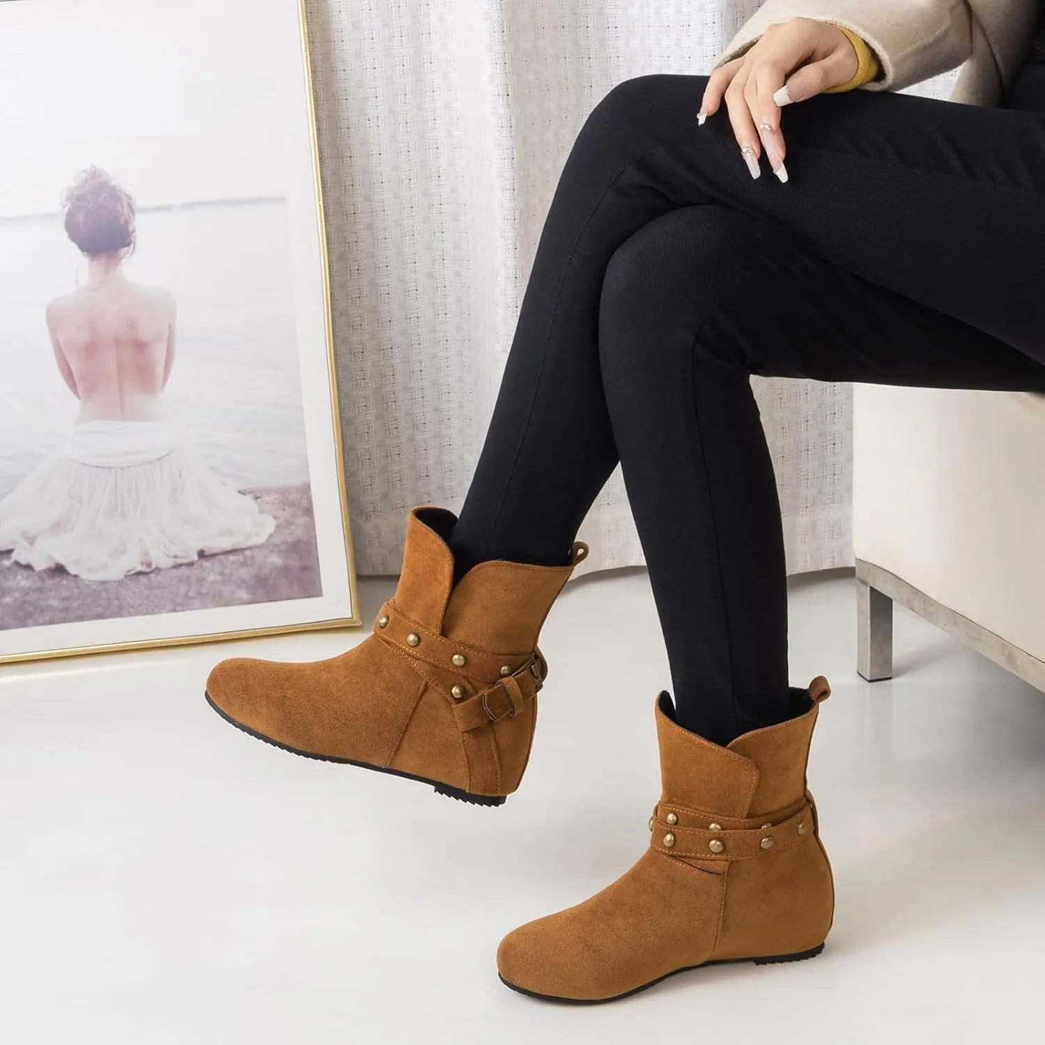 Women Hidden Heel Faux Suede Ankle Boots with Rivet belt buckle Ladies Classic Pull on Flat Wide Width Cowboys Mid Calf Slouch Western Short Boots