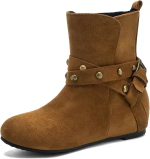 Women Hidden Heel Faux Suede Ankle Boots with Rivet belt buckle Ladies Classic Pull on Flat Wide Width Cowboys Mid Calf Slouch Western Short Boots