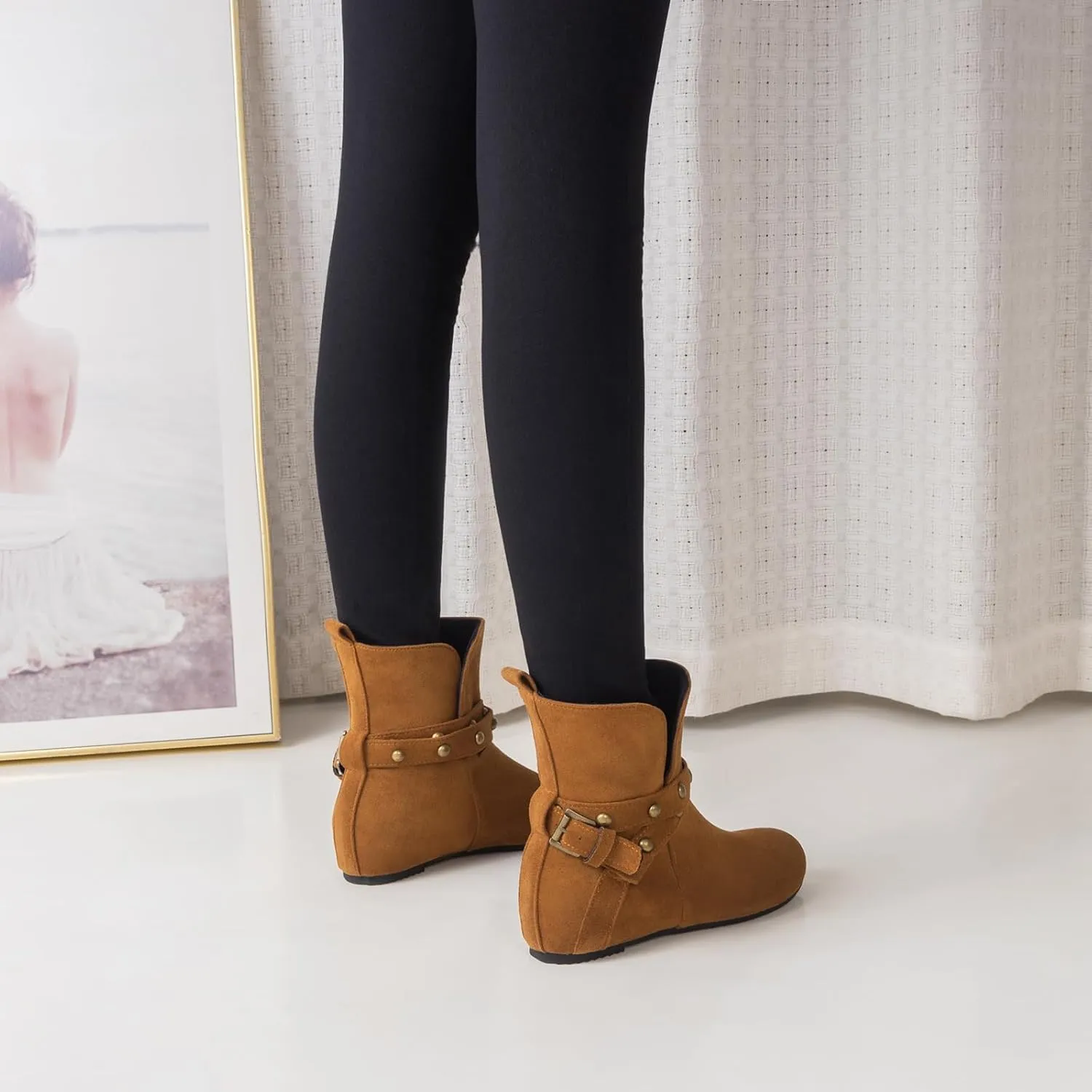 Women Hidden Heel Faux Suede Ankle Boots with Rivet belt buckle Ladies Classic Pull on Flat Wide Width Cowboys Mid Calf Slouch Western Short Boots