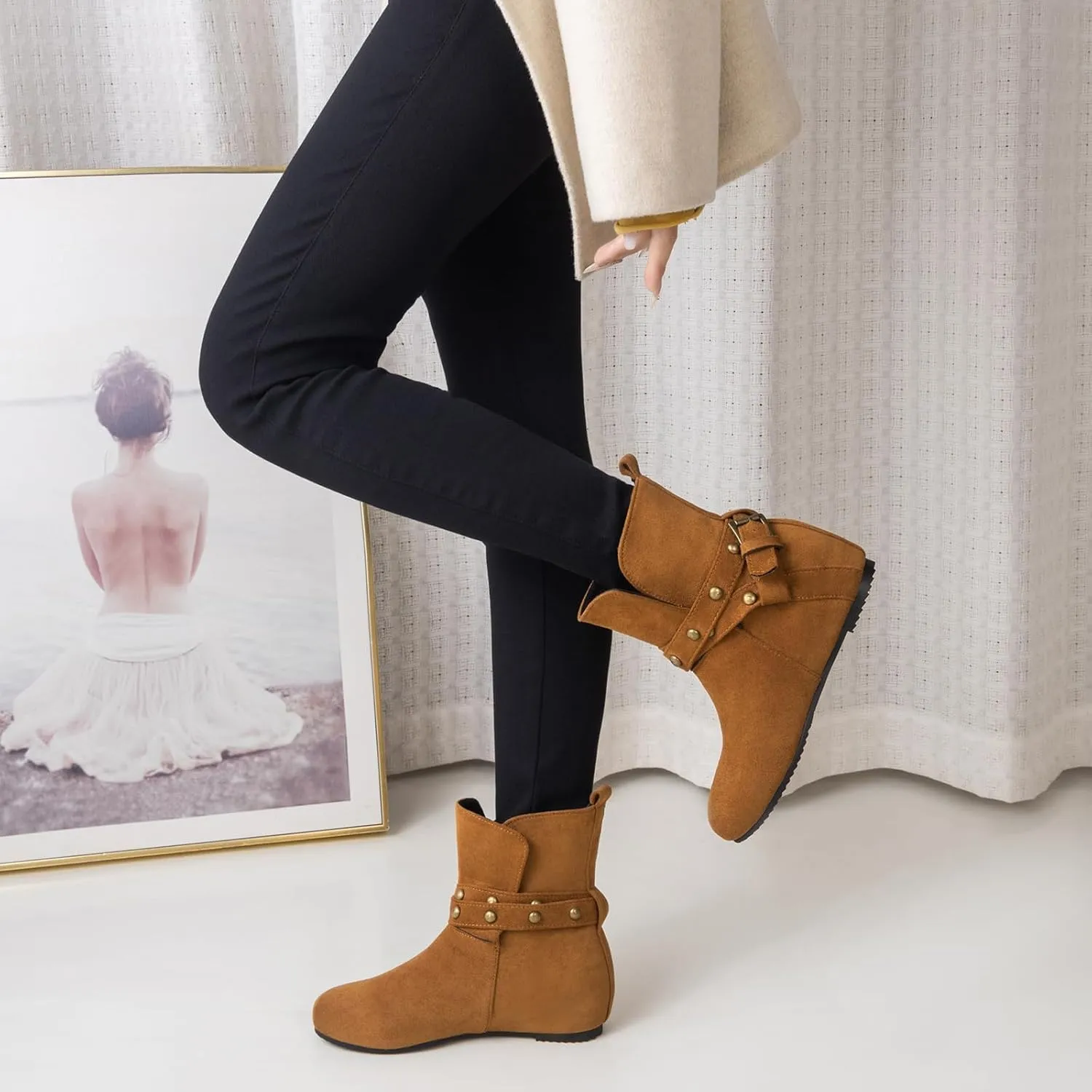 Women Hidden Heel Faux Suede Ankle Boots with Rivet belt buckle Ladies Classic Pull on Flat Wide Width Cowboys Mid Calf Slouch Western Short Boots