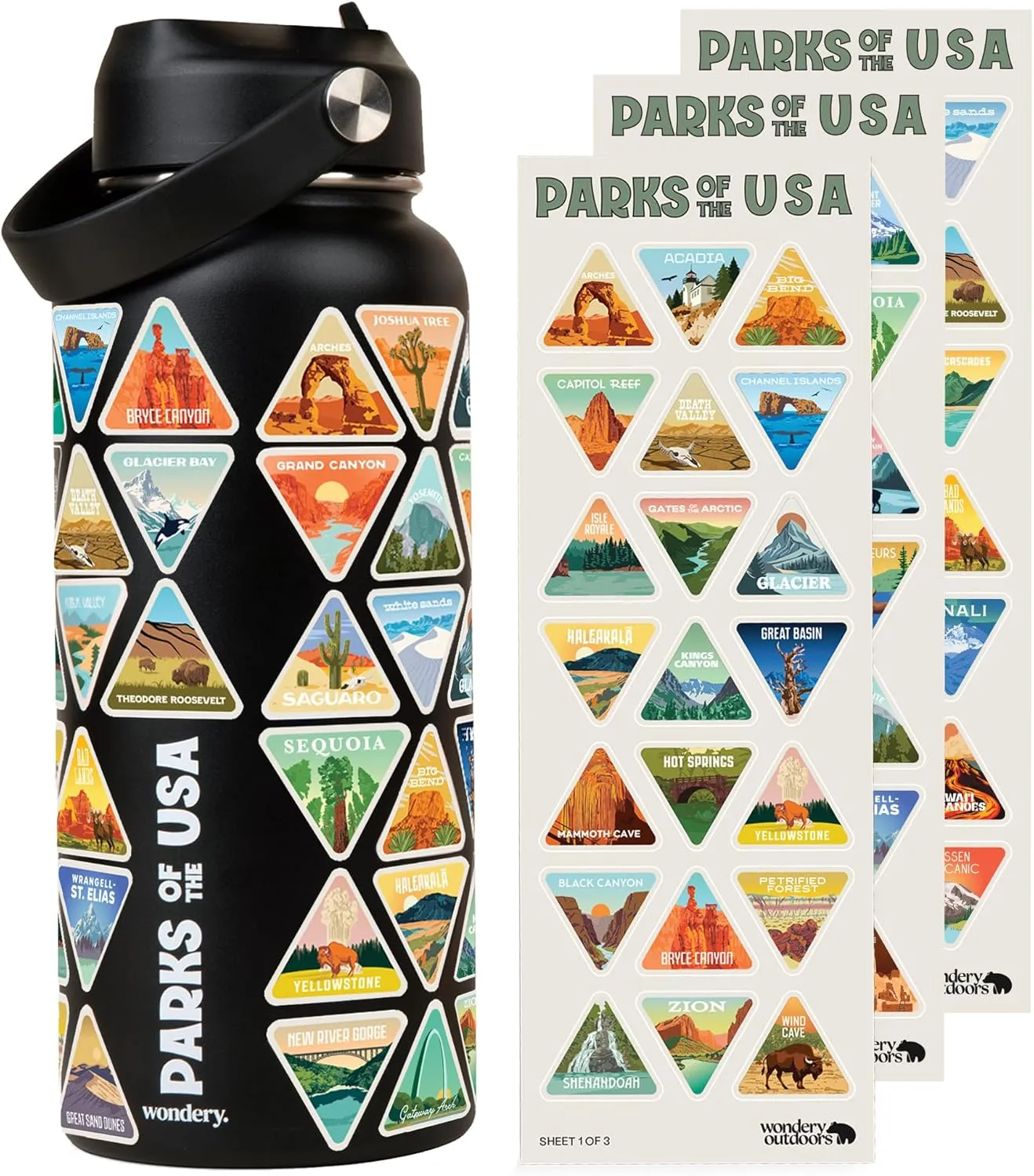 Wondery National Parks Water Bottle With 63 Waterproof Stickers of Parks (USA), 32 oz Stainless Steel Insulated & Vacuum Sealed Water Bottle for Traveling, Hiking, Camping, National Park Gifts- BLACK