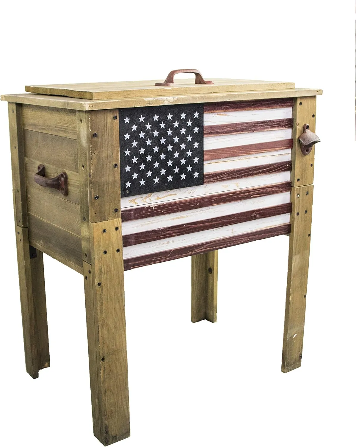 Wooden Patio Beverage Cooler for Porch, Deck or Patio - American Flag Design - 57 Qt - Backyard Expressions