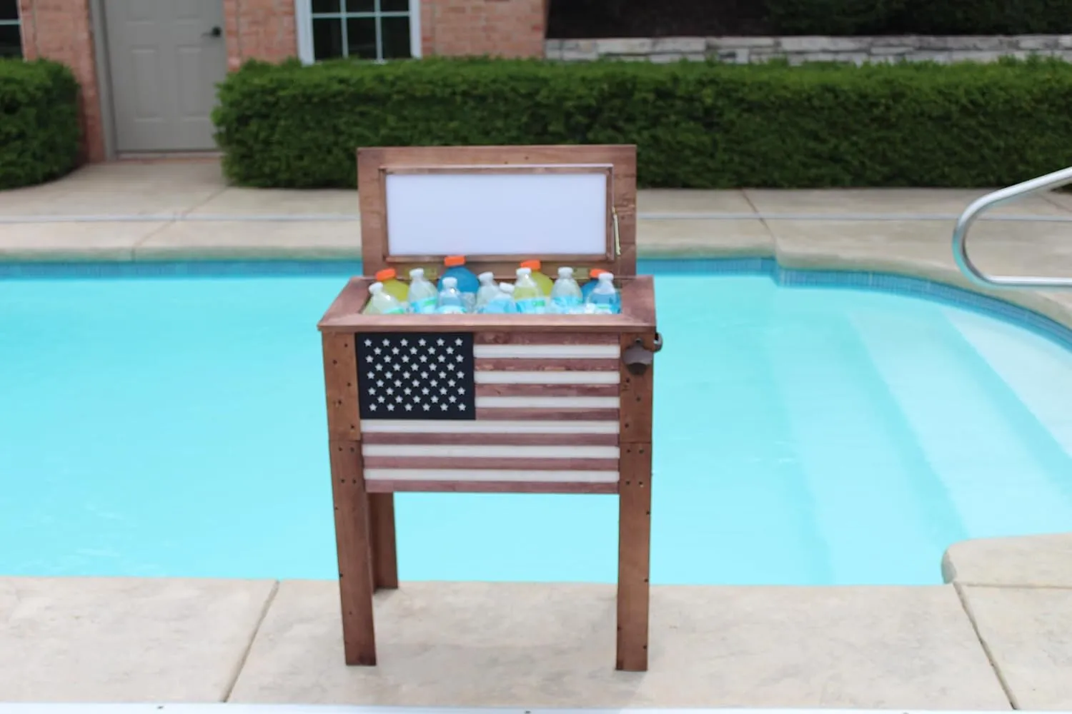 Wooden Patio Beverage Cooler for Porch, Deck or Patio - American Flag Design - 57 Qt - Backyard Expressions