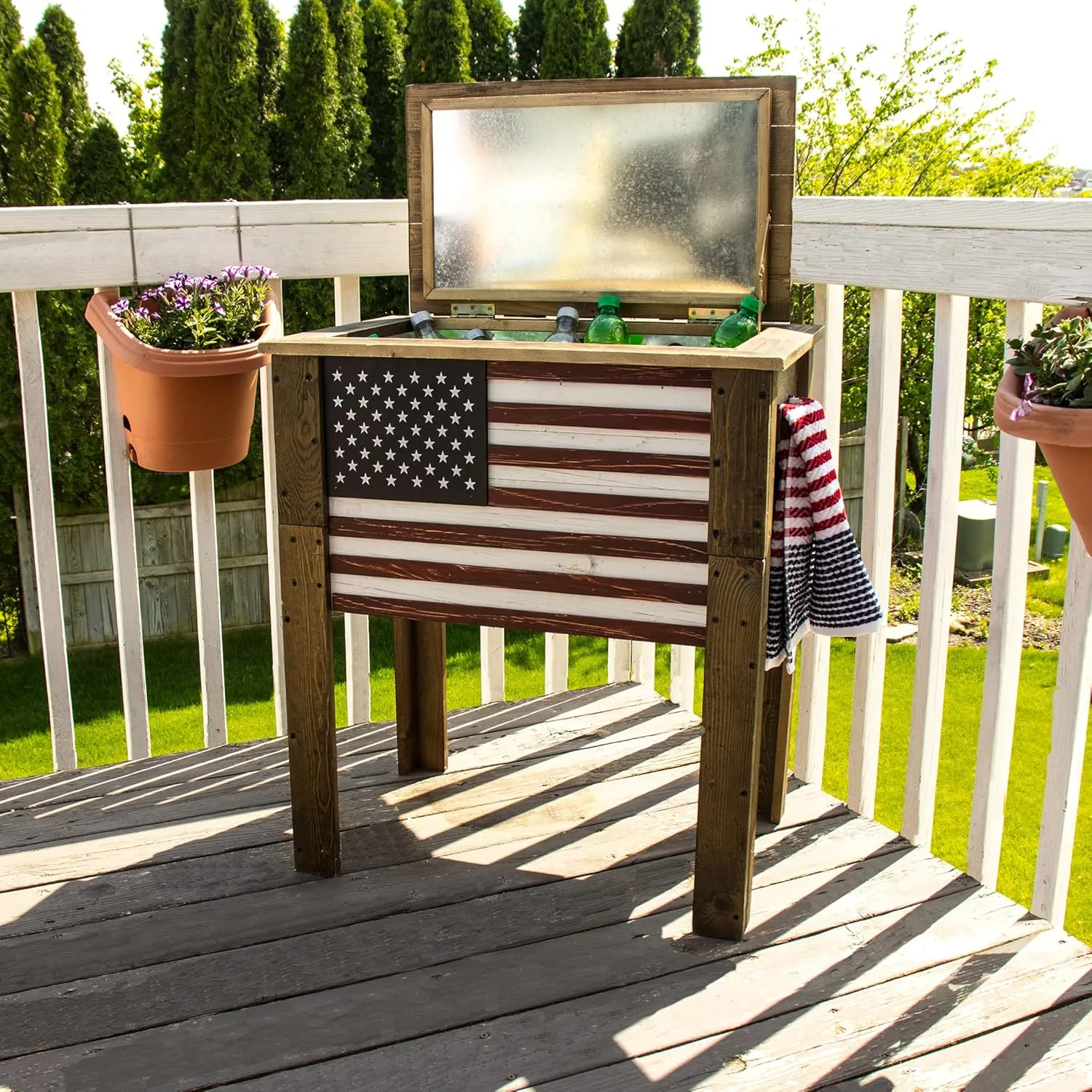 Wooden Patio Beverage Cooler for Porch, Deck or Patio - American Flag Design - 57 Qt - Backyard Expressions