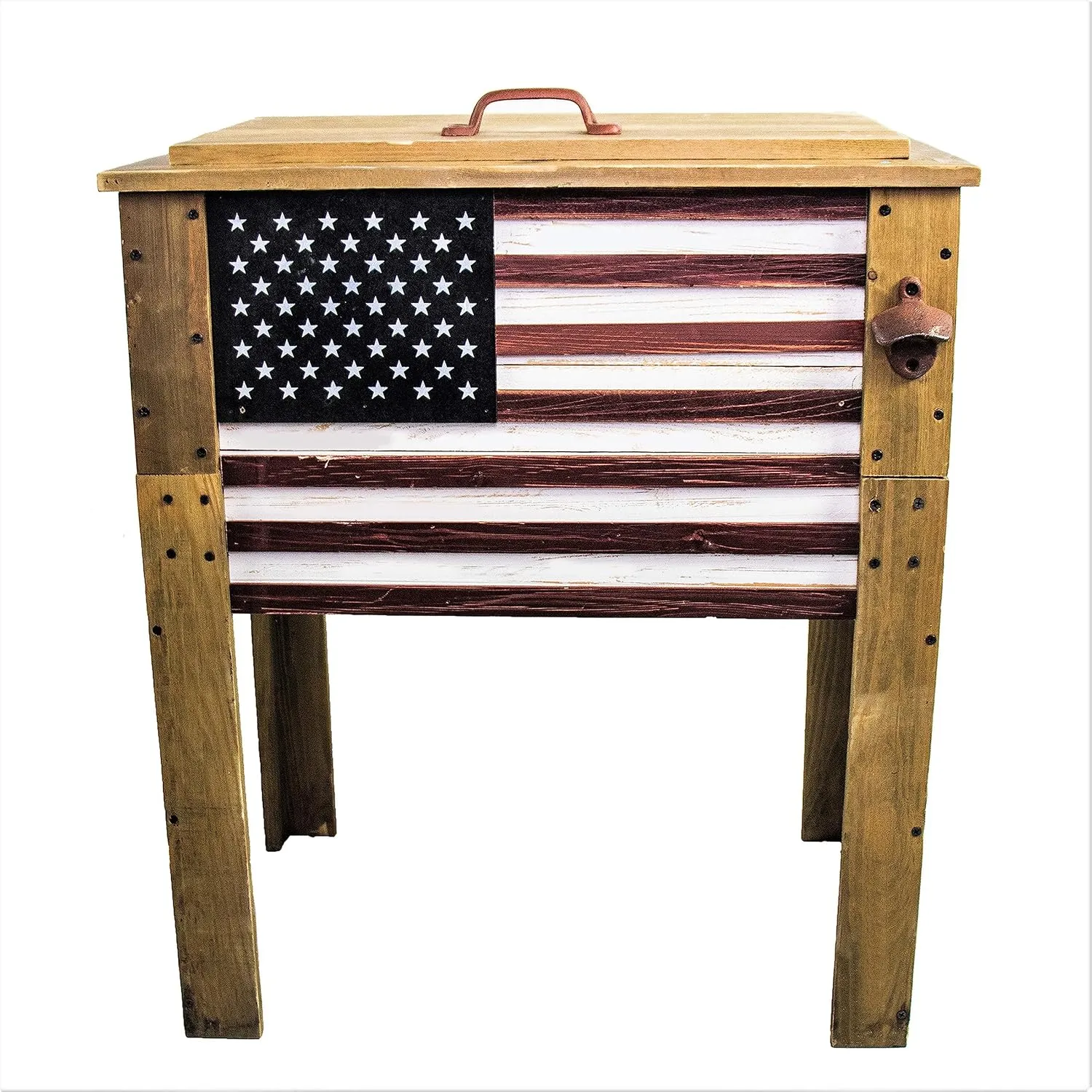 Wooden Patio Beverage Cooler for Porch, Deck or Patio - American Flag Design - 57 Qt - Backyard Expressions
