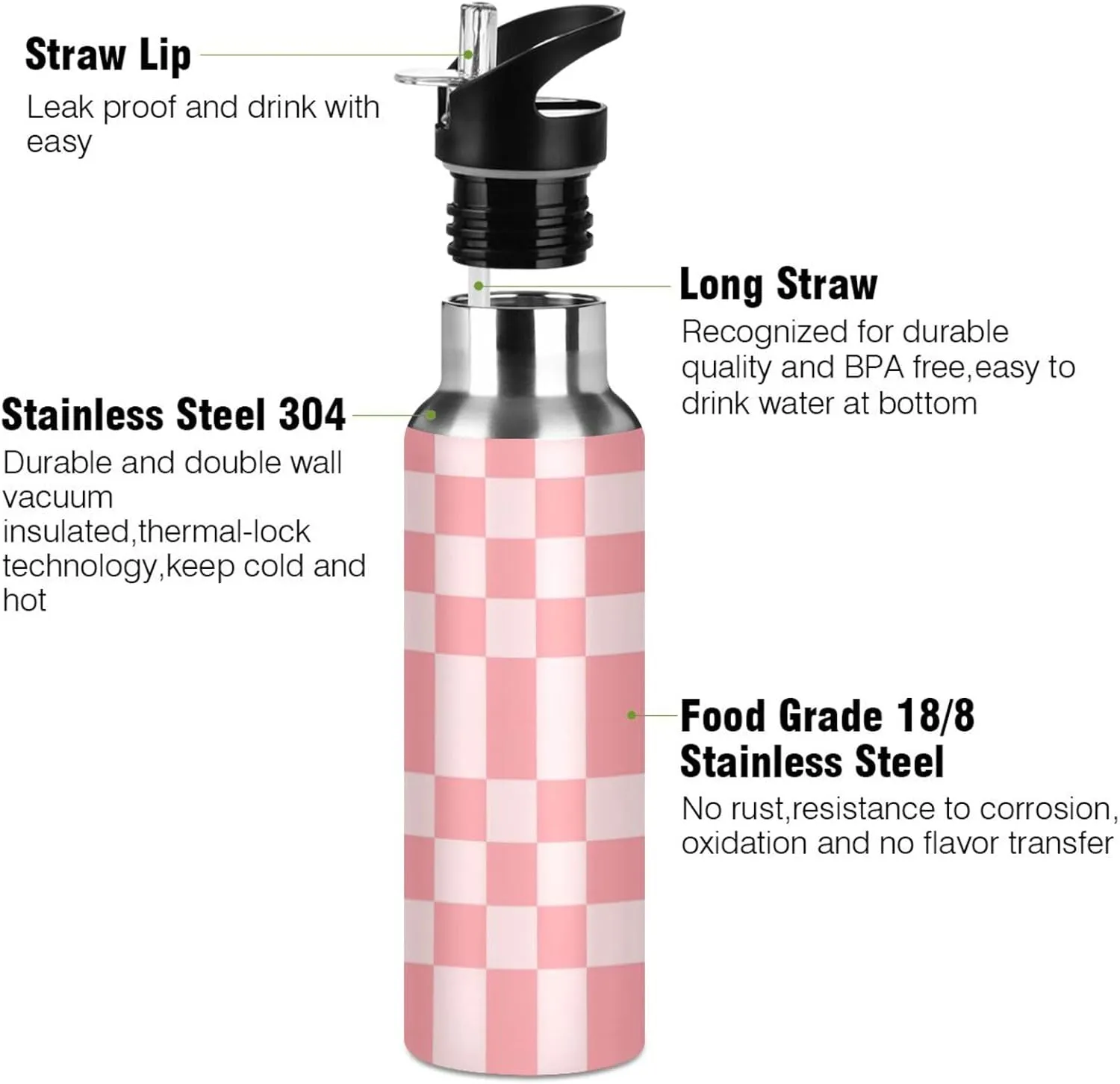 Wusikd Bright Pink Chess Water Bottle with Straw Lid Double Wall Thermos Bottle Vacuum Insulated Flask Stainless Steel Water Bottle for Gym Outdoor 20 OZ