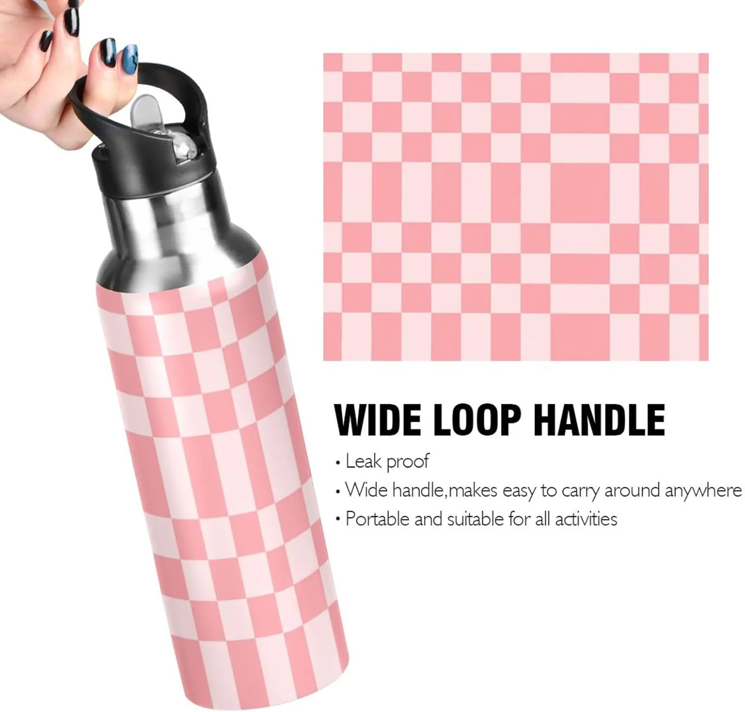 Wusikd Bright Pink Chess Water Bottle with Straw Lid Double Wall Thermos Bottle Vacuum Insulated Flask Stainless Steel Water Bottle for Gym Outdoor 20 OZ